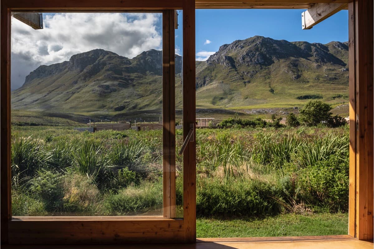 View of the Kogelberg mountains from the eco-cabins at Kogelberg Nature Reserve.