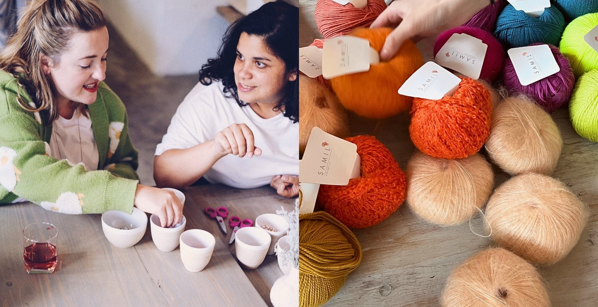 Two women crafting and sharing a glass of wine at a Cape Town craft club.