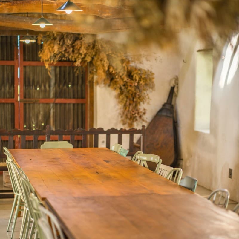 A long table set inside the Tina Turner shed, on Wagenpad Farm in the Piketberg, South Africa, framed by bunches of dried flowers and herbs suspended above.