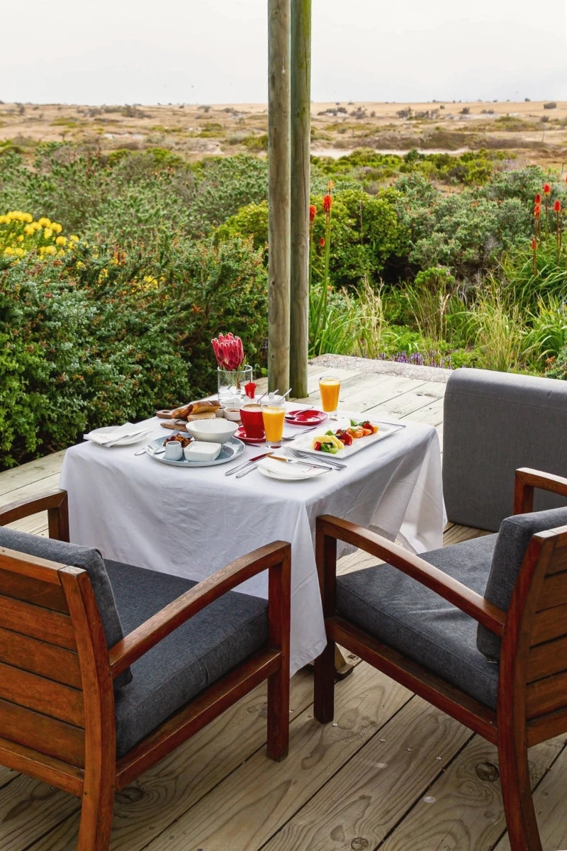 Breakfast on the patio of the Nature King Suite at Strandloper Ocean Boutique Hotel, Paternoster, overlooking flowering fynbos