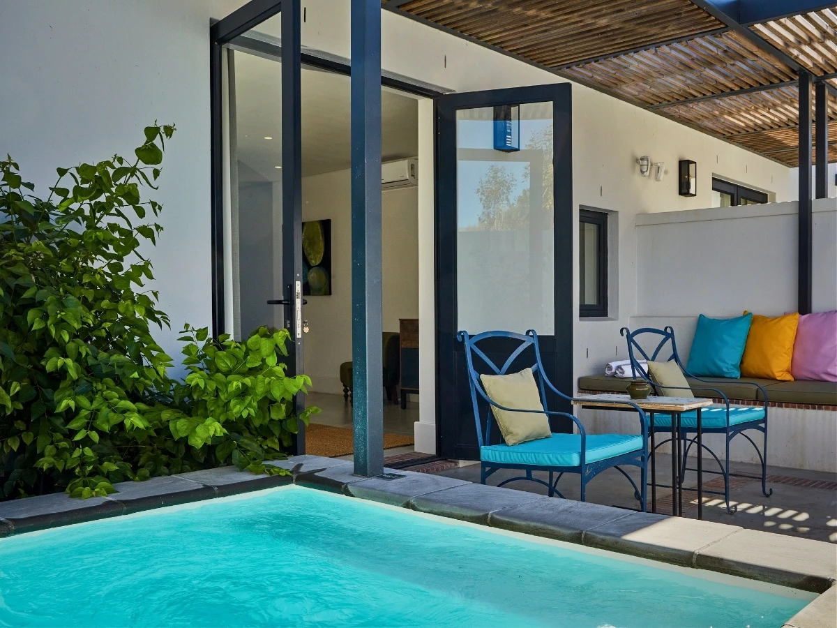 Modern wing superior pool room at Chapter House Franschhoek, private plunge pool opening onto a garden courtyard.