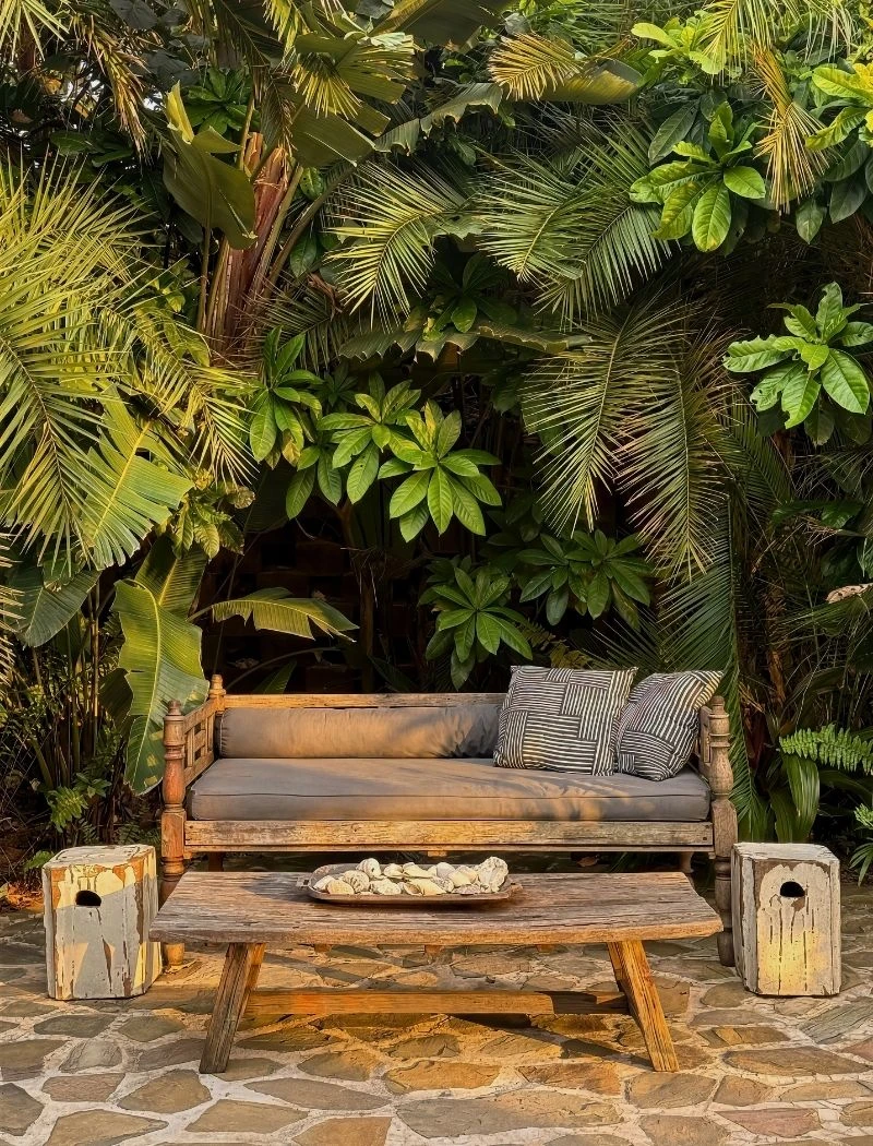 A bench beneath palm trees and indigenous garden planting at Sala Beach House, Ballito